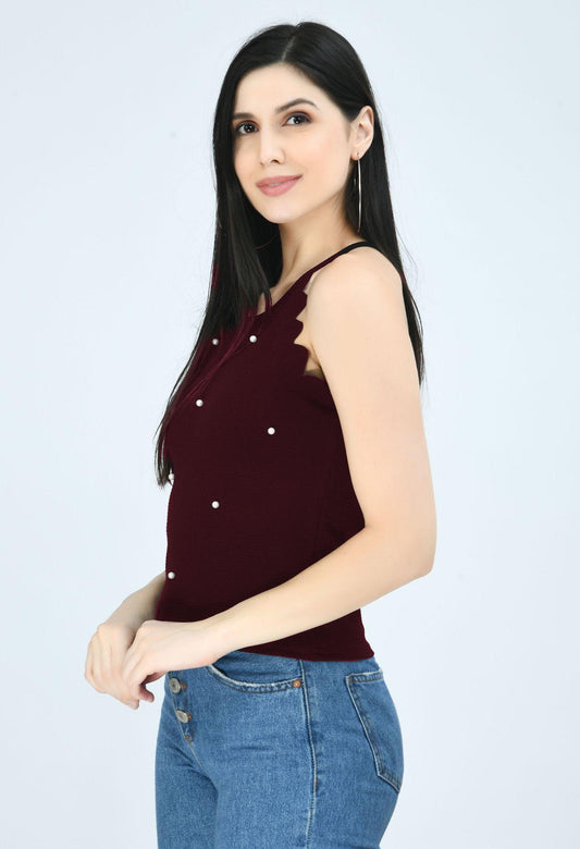 Wine Sleeveless Cotton Blend Top