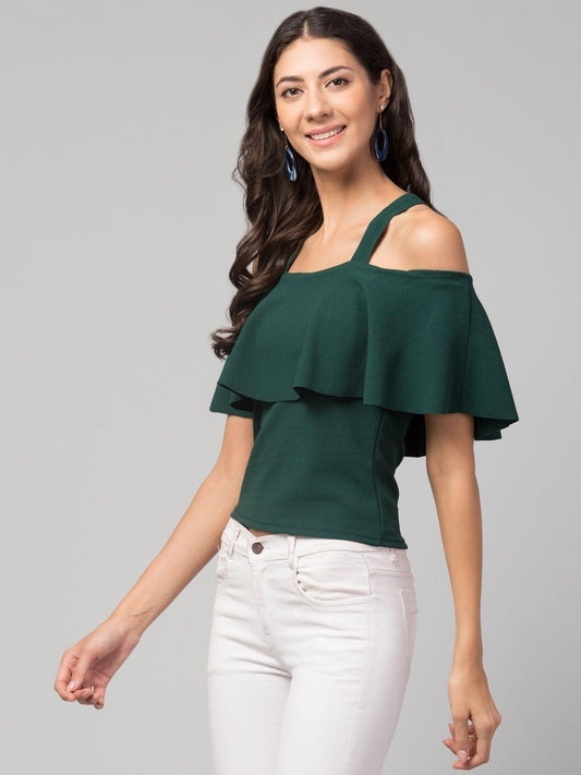 Green Cold-Shoulder Cotton Blend Top