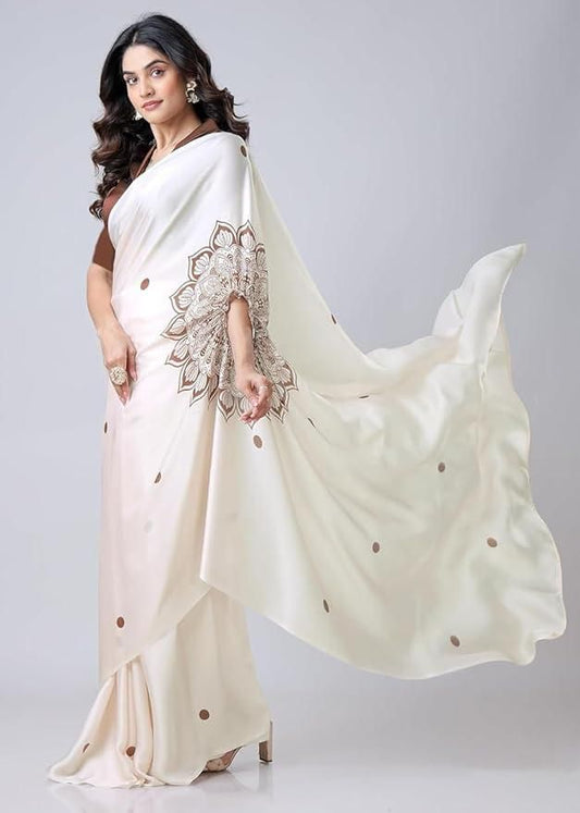 Satin Silk Printed Saree with Unstitched Blouse