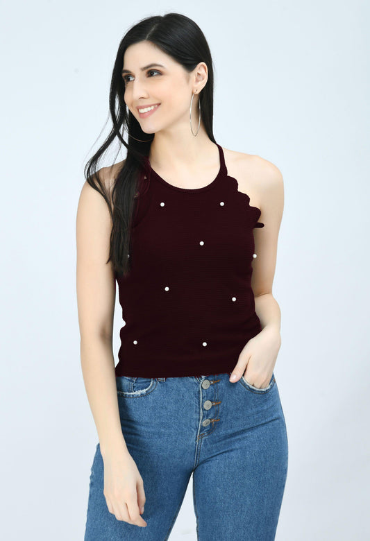 Wine Sleeveless Cotton Blend Top