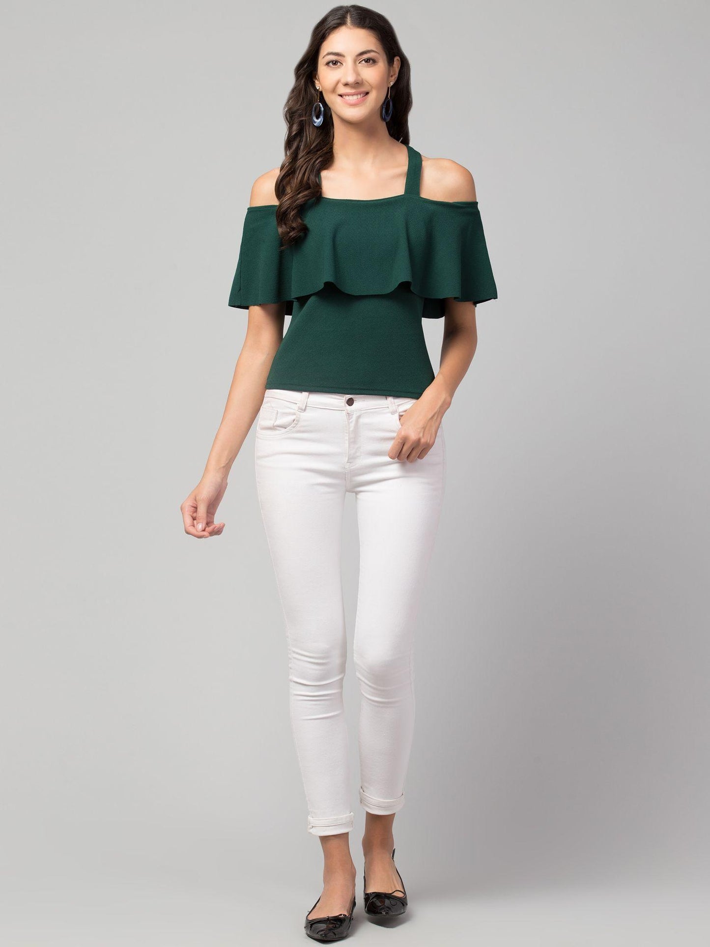 Green Cold-Shoulder Cotton Blend Top