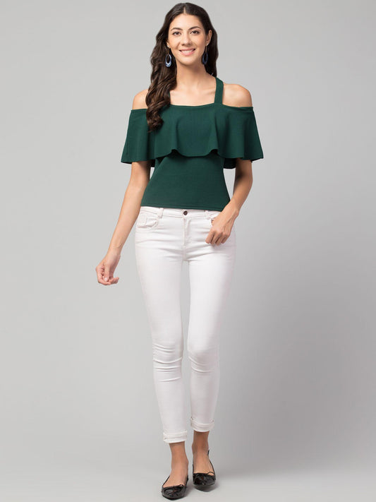 Green Cold-Shoulder Cotton Blend Top